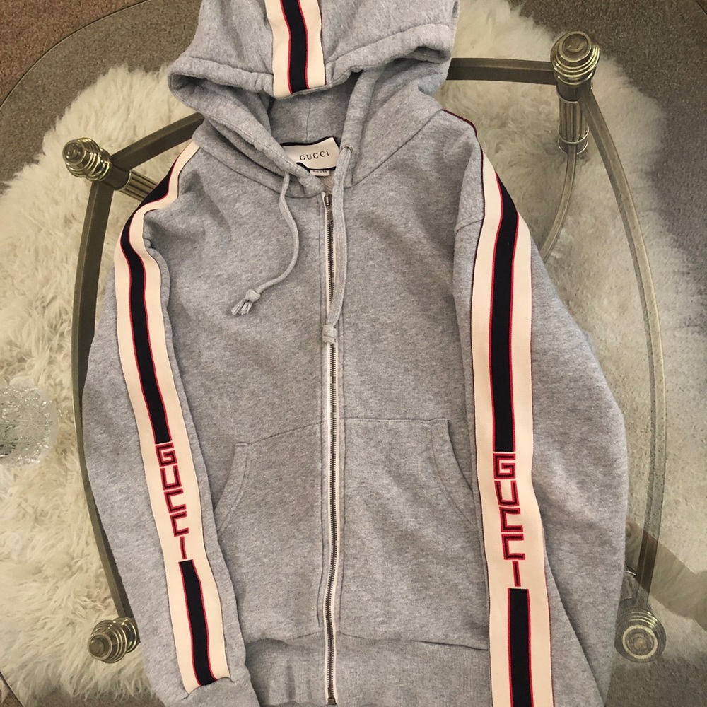 GUCCI Stripe Webbing Zipper Unisex Gray Hoodie